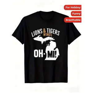 Michigan State Outline & Lions & Tigers Graphic T-Shirt - Funny Mitten Handprint Design, Breathable All-Season Comfort, Casual Short Sleeve Round Neck Tee for Men & Women, Michigan Pride Apparel for Holidays, Outdoor Activities & Casual Attire