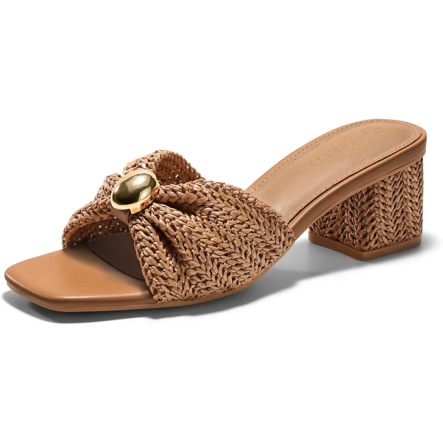 Coutgo Womens Low Chunky Block Heels Raffia Sandals Square Open Toe Slip On Slides Summer Beach Dress Shoes Footwear Girl tiktokshopbacktoschool