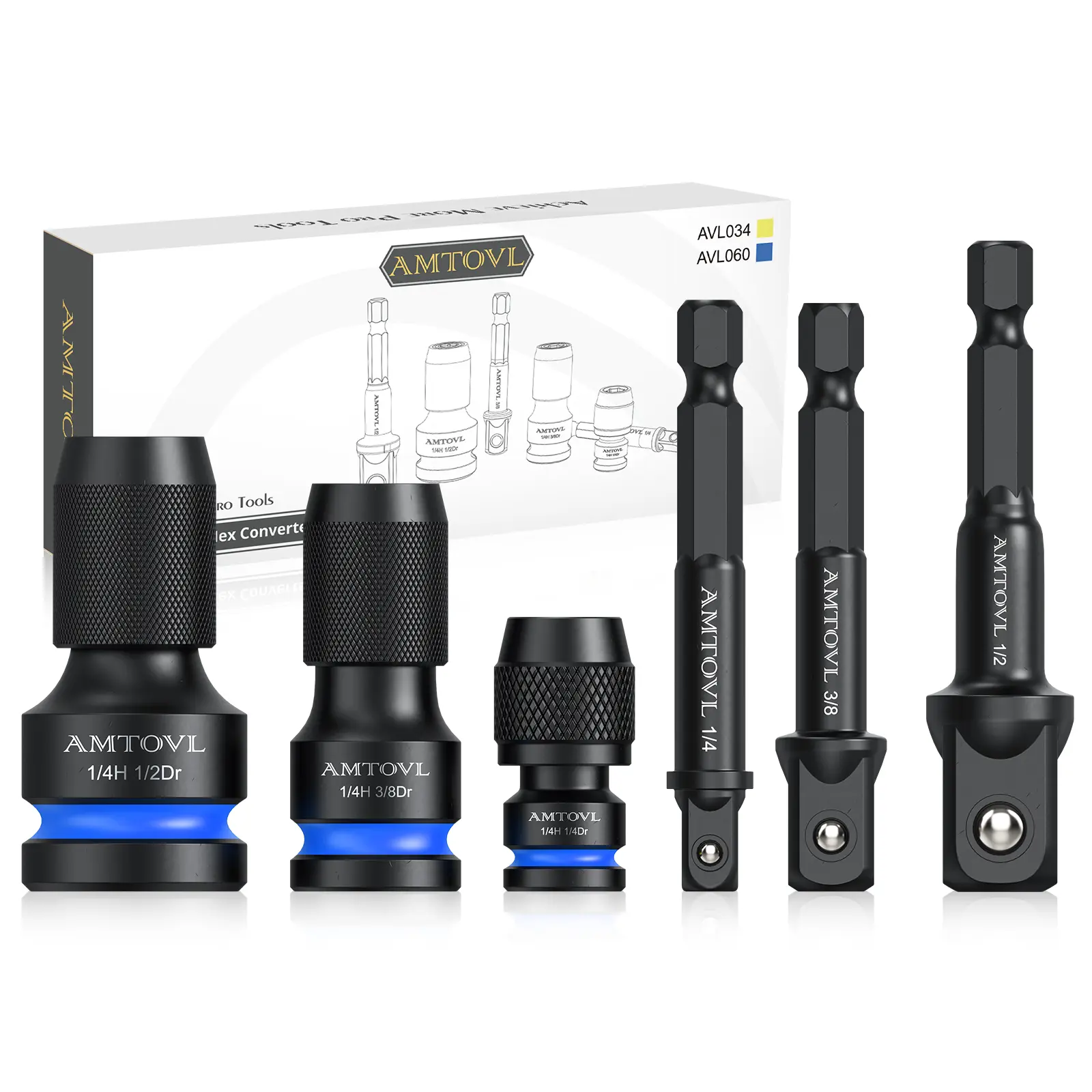 AMTOVL Impact to 1/4 Hex Converter - 1/2 3/8 1/4-INCH Drive Female to 1/4-Inch Hex Adapter with 3PCS Socket Adapter Set for Ratchet Wrench Drivers, Impact Bit Holders, Quick-Change Chuck - Blue Hex Conversion Kit Conversion Tool sohochic