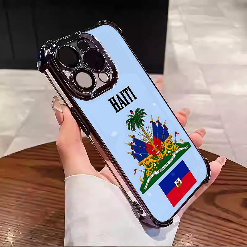 Haiti Flag pattern Design With Multi-Colored Border Suitable for Aesthetic Electroplated TPU Casing For iphone 17 16 15 14 13 12 11 PRO PLUS MAX AIR Samsung S26 Four Corners Anti-Fall Transparent Casual Soft Silicone Phone Cases High-end durable  L1726