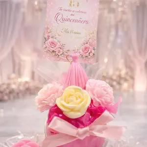 Quinceañera Pink Rose Candle Centerpiece Princess Dress Table Decoration with Elegant Pink Roses and White Rose Centerpiece