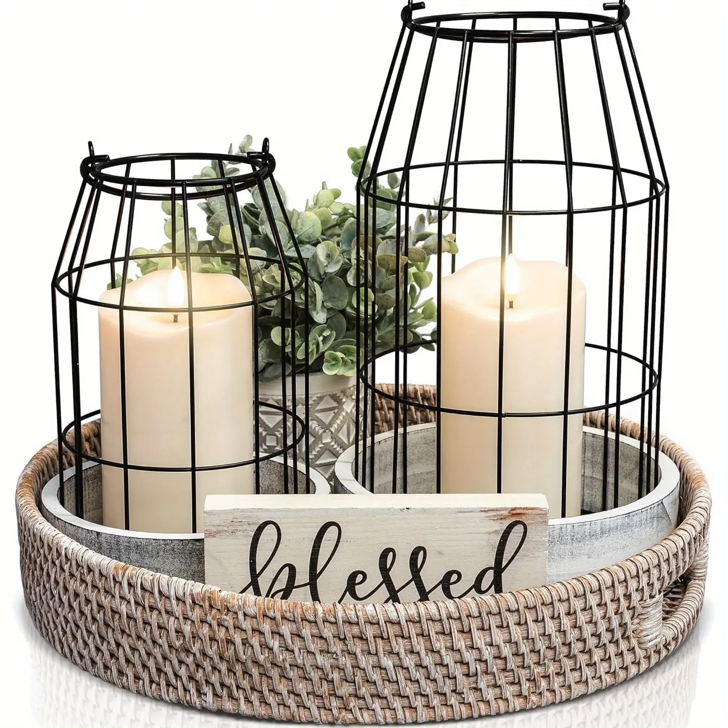Rustic White 2-Piece Decorative Casual Lantern Set - Farmhouse Candle Holders for Living Room Decorations, Kitchen, Anniversary, Home Decor Items & Gift Option