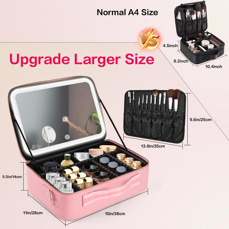 Viral Plus Size Travel Makeup Bag with Lighted Mirror  Waterproof Cosmetic Train Case with Three-color Light Adjustable Dividers Must-Have Organizer for Makeup Lovers Perfect Gift for Her