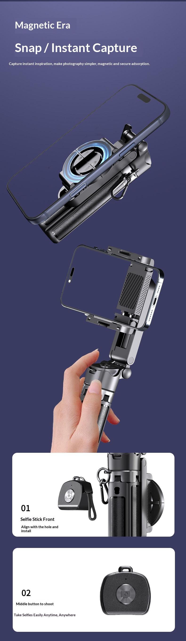 2026 Upgraded extend to 20.5 inches New 4-in-1 Multifunctional Magnetic & clamping Selfie Stick, 360 Rotating Angle, Mini Size, Foldable Storage, Phone Holder Tripod , Camera Grip, Vlog Live Photography Tool, Rechargable Remote control,Valentine's Day