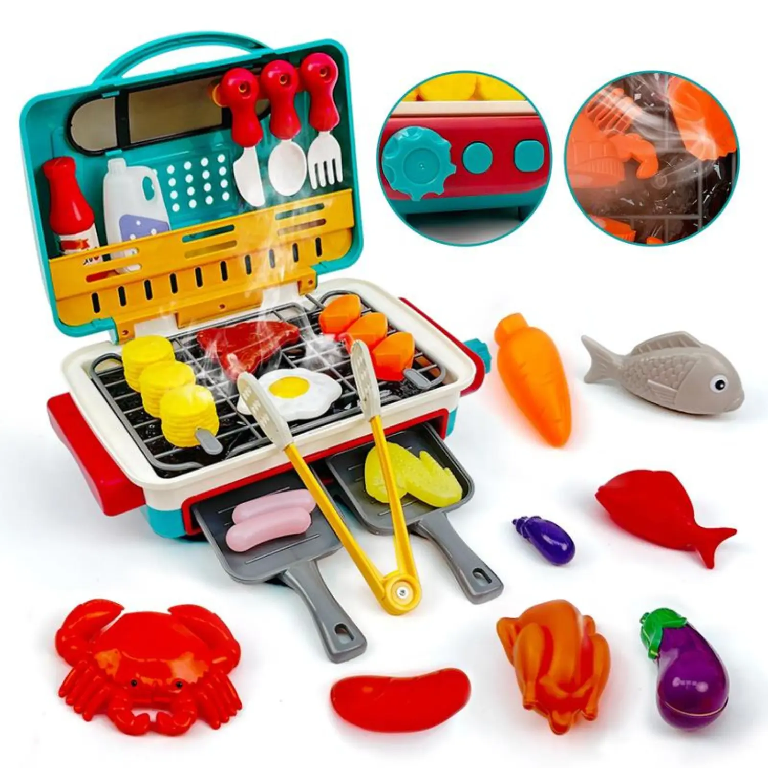 Kids BBQ Grill Toy Set for Ages 3–8, Pretend Play Cooking Kitchen with Spray Mist, Lights and Color Changing Food, Little Chef Gift for Boys & Girls