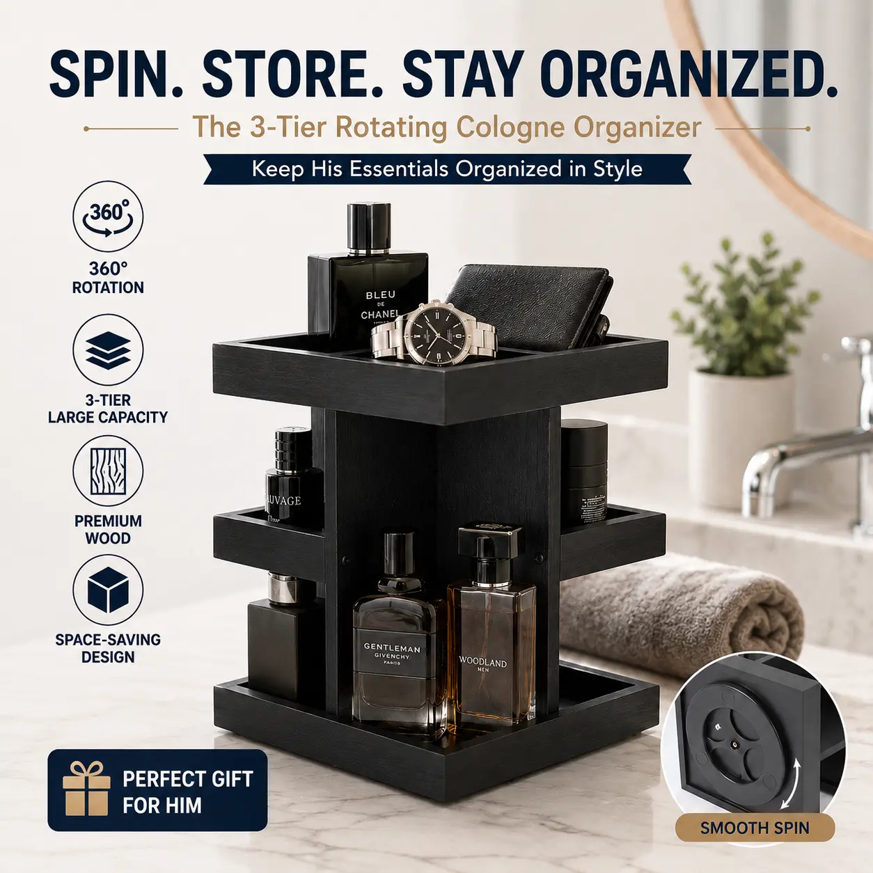 3-Layer Rotatable Geometric Rectangle Wooden Cologne Perfume Stand - Eco-Friendly Manual Bathroom Counter Storage, 9-Compartment Home Organizer, Smooth Beauty Vanity Shelf with Screwdriver & Assembly Guide, Gift for Parents, Racks