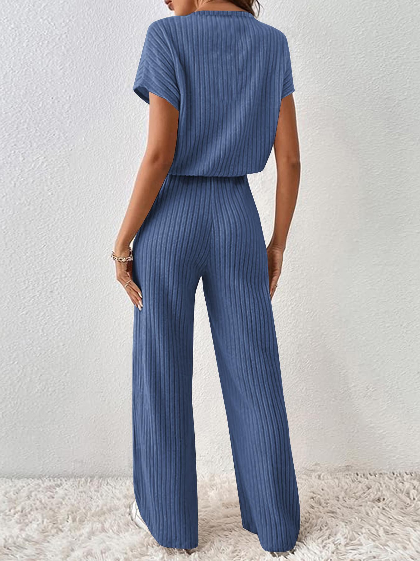 Women's Solid Shortsleeve Crewneck Ribbed Top & Wide Leg Pants Minimalist Casual Fitted Fashion Cozy Top & Trousers for Daily Outdoor Wear Ladies Clothes for Summer Womenswear Yoga Clothes Set Black Batwing Suits Suits Gamis