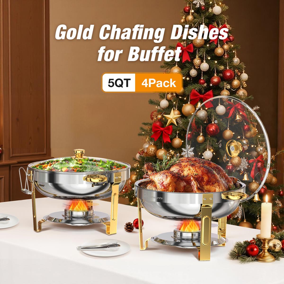 WARMOUNTS Chafing Dish Buffet Set, Glass Lid 5QT 2/4/6 Pack Gold Accent Stainless Steel Chafers and Buffet Warmers Sets with Lid & Lid Holder for Parties Catering Events Weddings Banquets WARMOUNTS Chafing Dish Buffet Set, Glass Lid 5QT 2/4/6 Pack Gold Accent Stainless Steel Chafers and Buffet Warmers Sets with Lid & Lid Holder for Parties Catering Events Weddings Banquets