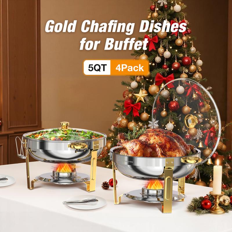 WARMOUNTS Chafing Dish Buffet Set, Glass Lid 5QT 2/4/6 Pack Gold Accent Stainless Steel Chafers and Buffet Warmers Sets with Lid & Lid Holder for Parties Catering Events Weddings Banquets