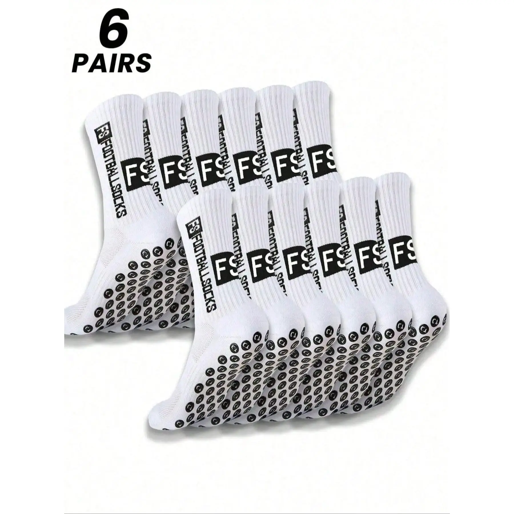 Men's Mid-Calf Cotton Soccer Socks (6 Pairs) - Black & White FS Letter Color Blocking, Anti-Slip Silicone Grip, Mesh Ventilation Zones, Moisture-Wicking Dry Fabric, High-Performance Athletic Football Socks for Game Readiness, Anti-Slip Sports Socks
