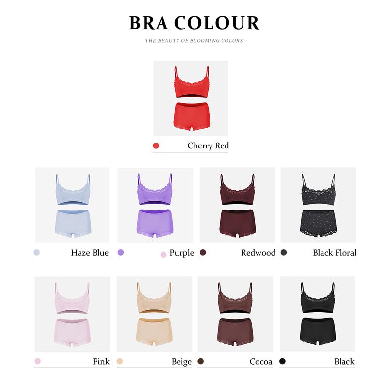 KatchMe Women's Chic Lace Series Spaghetti Strap Lace Trim Wirefree Breathable Bralette & Panties Set, Minimalist Underwear Set, Two Piece Outfits (3)