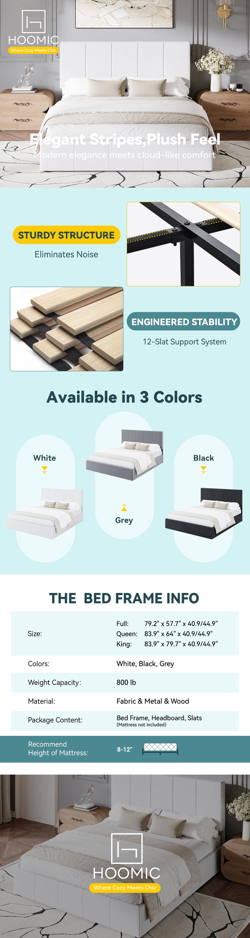 HOOMIC Dutch Velvet Upholstered Platform Bed Frame【Frame Only No Mattress】with Vertical Channel Tufted Adjustable Headboard,Full/Queen/King,Black/Grey/White