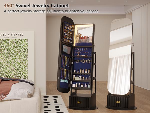 Miuvanity Round-Corner Design Full-Length Mirror with 360° Swivel & LED-Lit Features, Bottom Drawer Storage, Lockable Design living room decor