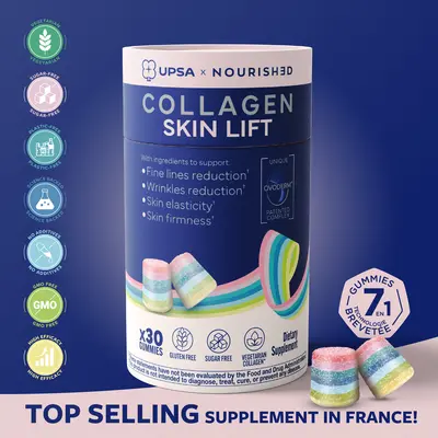 UPSA Skin Lift Collagen Gummies - Structuring Peptides - Firmer, Smoother & Lifted Skin, Helps Reduce Fine Lines & Wrinkles | Clinically Proven | Vegetarian Collagen with Ovoderm | Patented 7-Layer Technology | Sugar-Free, GMO-Free, Beauty Collagen Fitnes