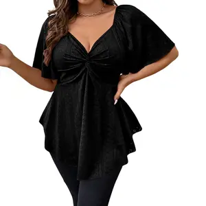 Eytino Womens Plus Size Tops Twist Front V Neck Short Sleeve Eyelet Embroidery Summer Loose Blouse Shirts(1X-5X)