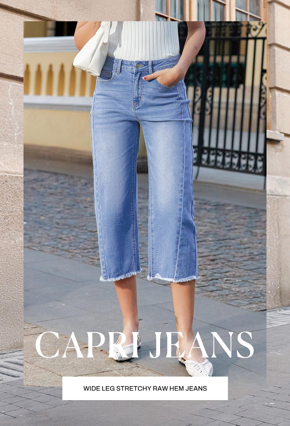 Sidefeel Women's Capri Jeans High Waisted Wide Leg Stretchy Raw Hem Side Seam Zimbaplatinum Denim Pants