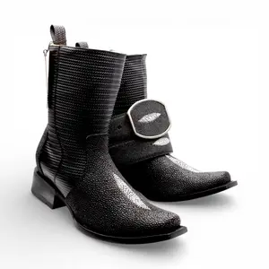 Bota Vaquera para Hombre Punta Dubai de Piel Grabado Mantarraya con Perla Sencilla y Cierre Lateral – Hooch Boots H580594