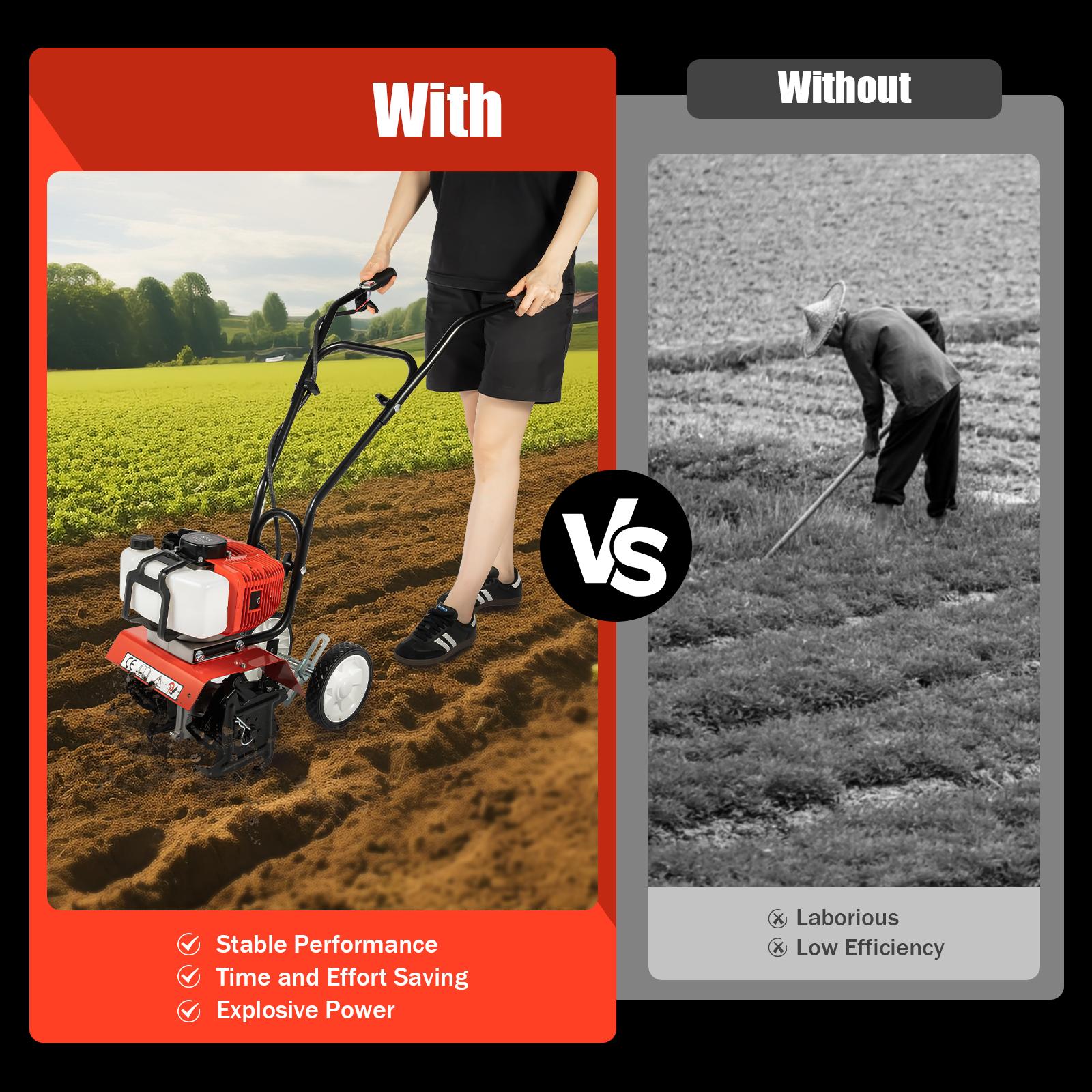 52cc Gas Powered Mini Cultivator 1 9kW 4 Stroke Garden Tiller with Wheels Adjustable Depth 30cm Tilling Width for Farm Garden Greenhouse Orchard Soil Preparation