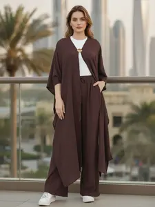 Effortlessly Chic Bubble Wrinkle Fabric 2-Piece Set Loose Kimono Cardigan & Wide Leg Pants Crinkle-Soft Breathable Lightweight Abaya with Brooch Closure & Elastic Waistband for Women Casual