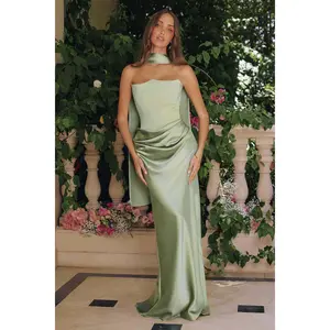 CLEARANCE - Amoris T816 Satin Bodice Detachable Scarf Sage Green Dress (Size M, L)