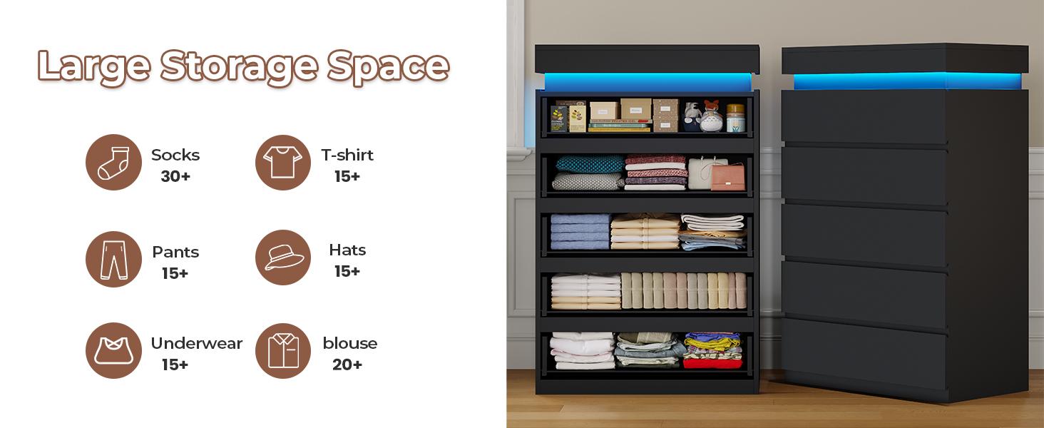 Sikaic LED Tall 5 Drawer Dresser, Modern Chest of Drawers, Closets Dressers with Drawers for Bedroom, Living Room, Entryway, Hallway