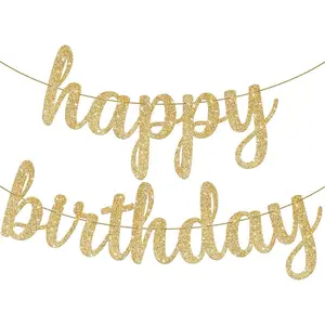 Glitter Cursive Gold Happy Birthday Banner - Pre-Strung, 10 Feet | Birthday Decorations for Women, Men, Boys and Girls | Hbd Banner Backdrop For Birthday Party Decorations | Gold Happy Birthday Sign