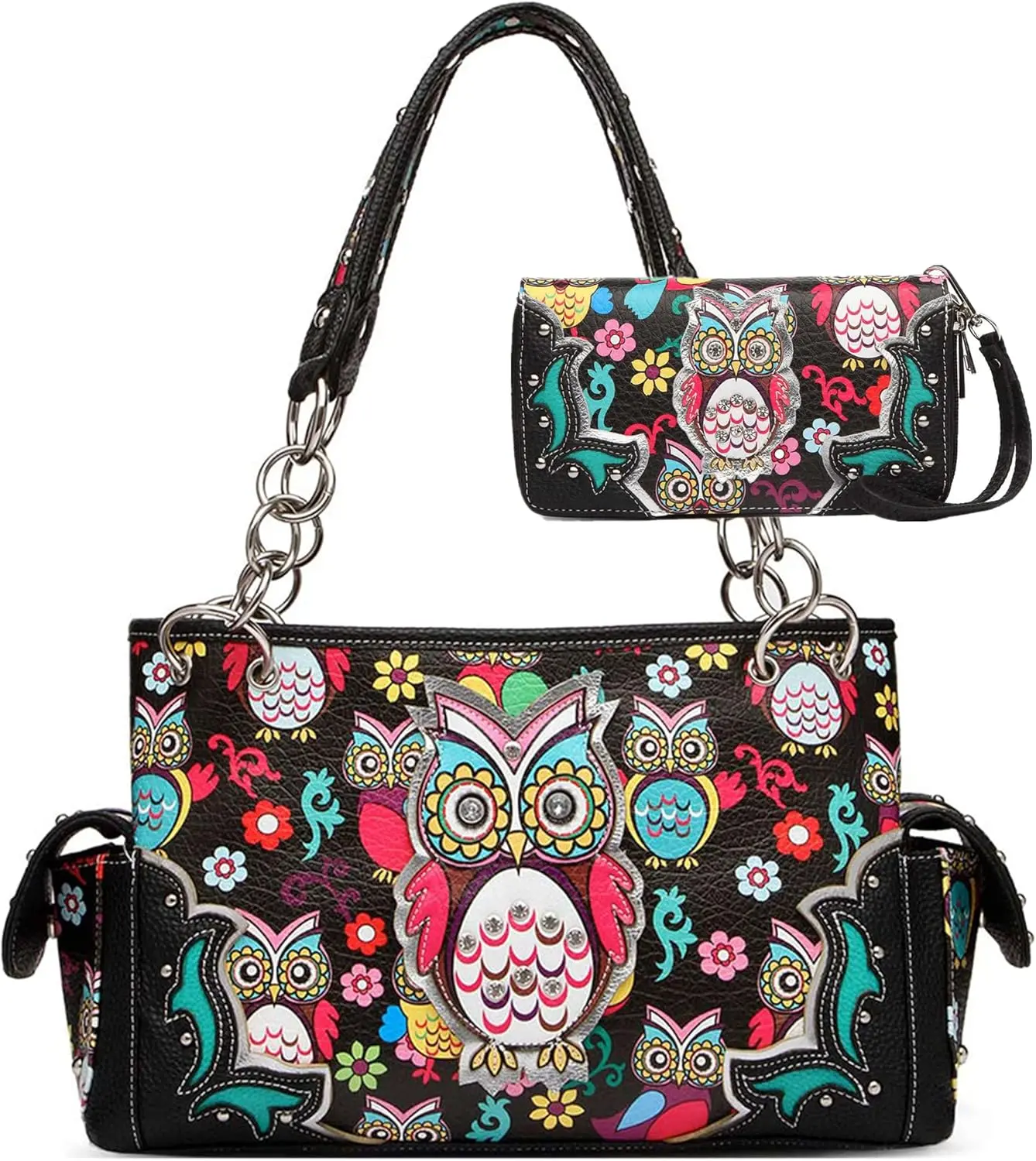 Colorful owl Western summer fashion wallet set—concealed handbag and shoulder bag for women, country style (black set)