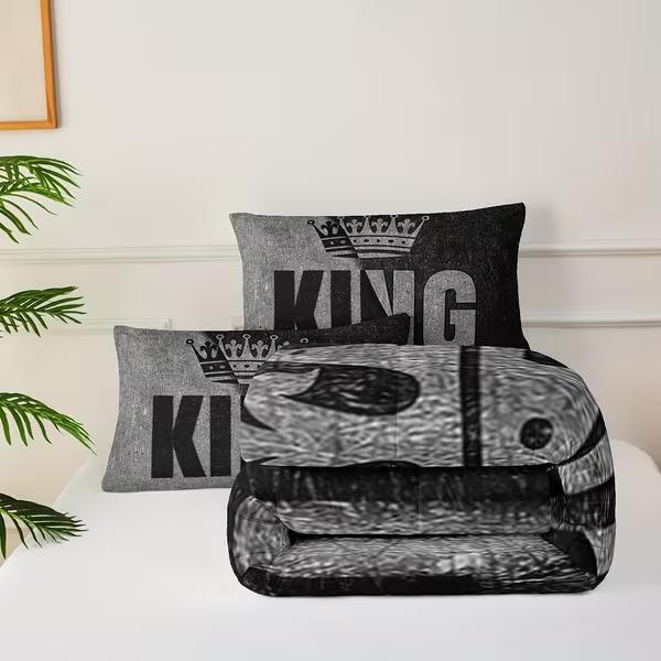 3pcs King & Queen Comforter Set - Black & Grey His & Hers Bedding | 1 Comforter + 2 Pillowcases | Soft, Breathable, Modern Printed Bedding for Bedroom & Dorm Decor