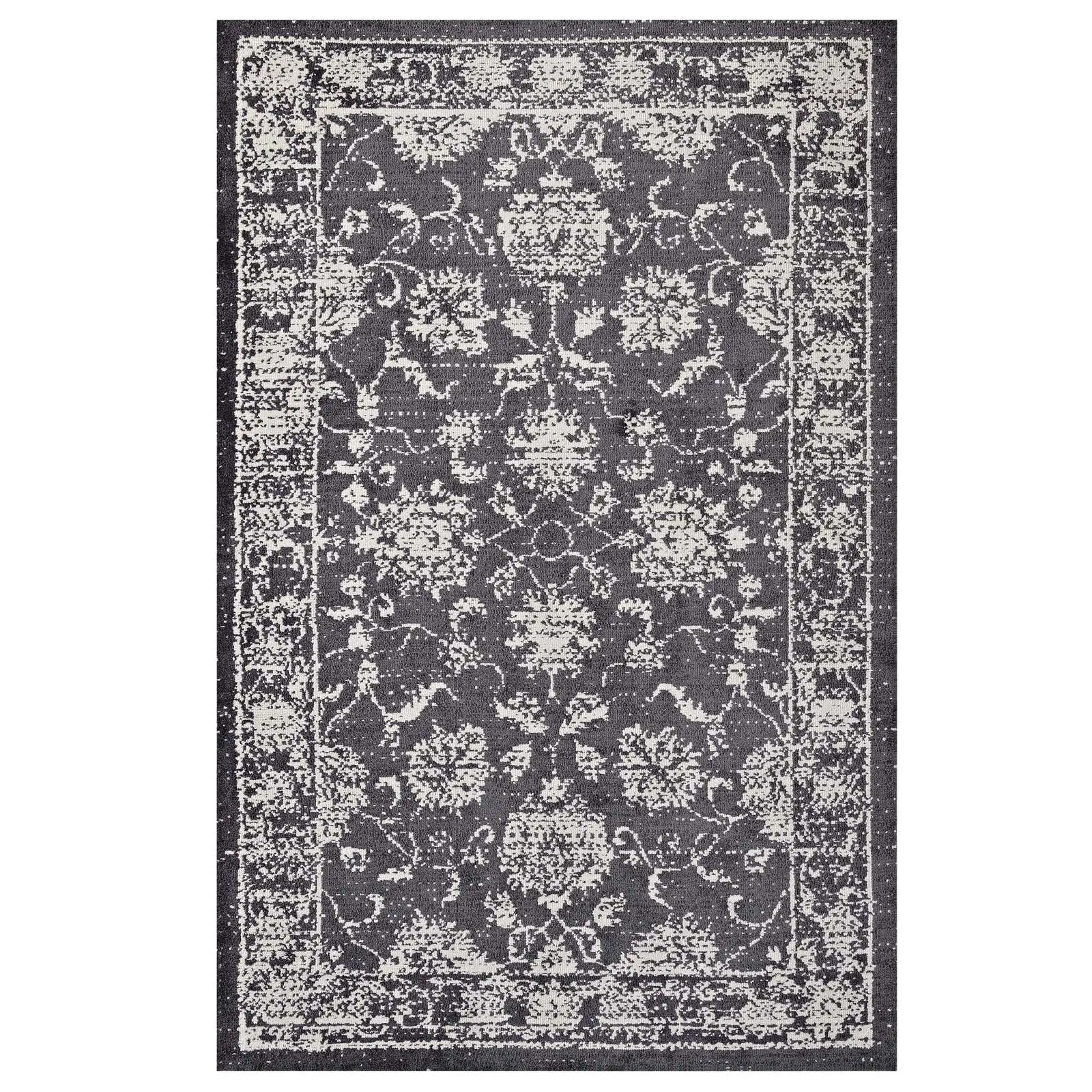 Modway Kazia Distressed Floral Lattice 5x8 Area Rug in Dark Gray and Ivory
