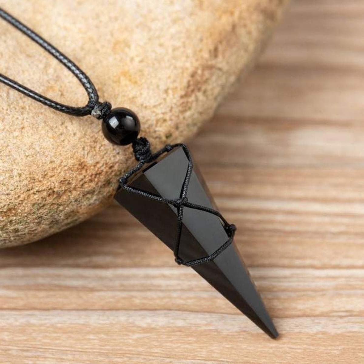 SOFIA Natural Obsidian Stone Pendant Necklace Black Gemstone Wrap Necklace Adjustable Rope for Daily Use