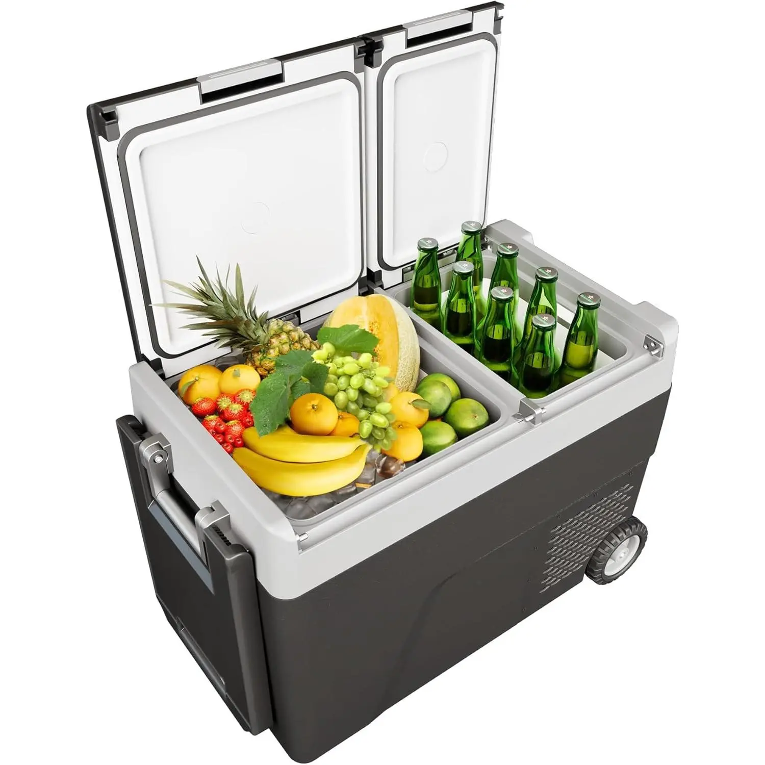 Insulated Wheeled Cooler, 51 QT(48L) Sturdy Portable Electric Refrigerator with Handle - 12V Dual Zone Cooling, Zone Temperature Control, Off-Road Wheels, Smart App Control, AC/DC Charger for Camping, Vehicle Travel, Car
