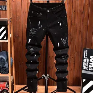 Ripped Jean 2025 Spring And Autumn Men's Casual Comfort Straight Leg High Quality Pants with Retro Ripped Black Stretch Denim Streetwear Shoe Outfit Menswear Trouser