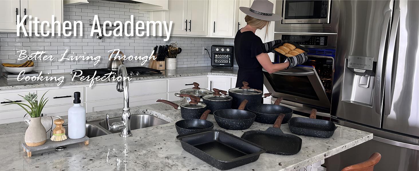 Kitchen Academy Set of 30 Pieces - Induction Cookware with Nonstick Granite Stone Coating, Includes 5 Casserole Lids, Various Woks and Frying Pans