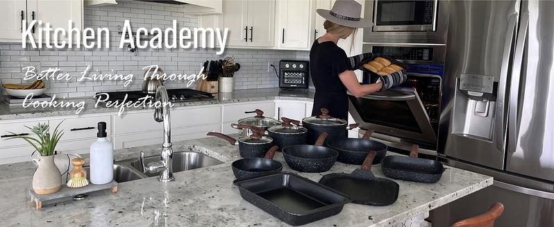Kitchen Academy Set of 30 Pieces - Induction Cookware with Nonstick Granite Stone Coating, Includes 5 Casserole Lids, Various Woks and Frying Pans
