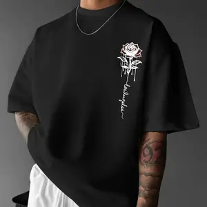 Cotton short sleeve T-shirt comfortable loose fit men's casual rose print T-shirt-crew neck, polyester blend, quick-drying, summer wear