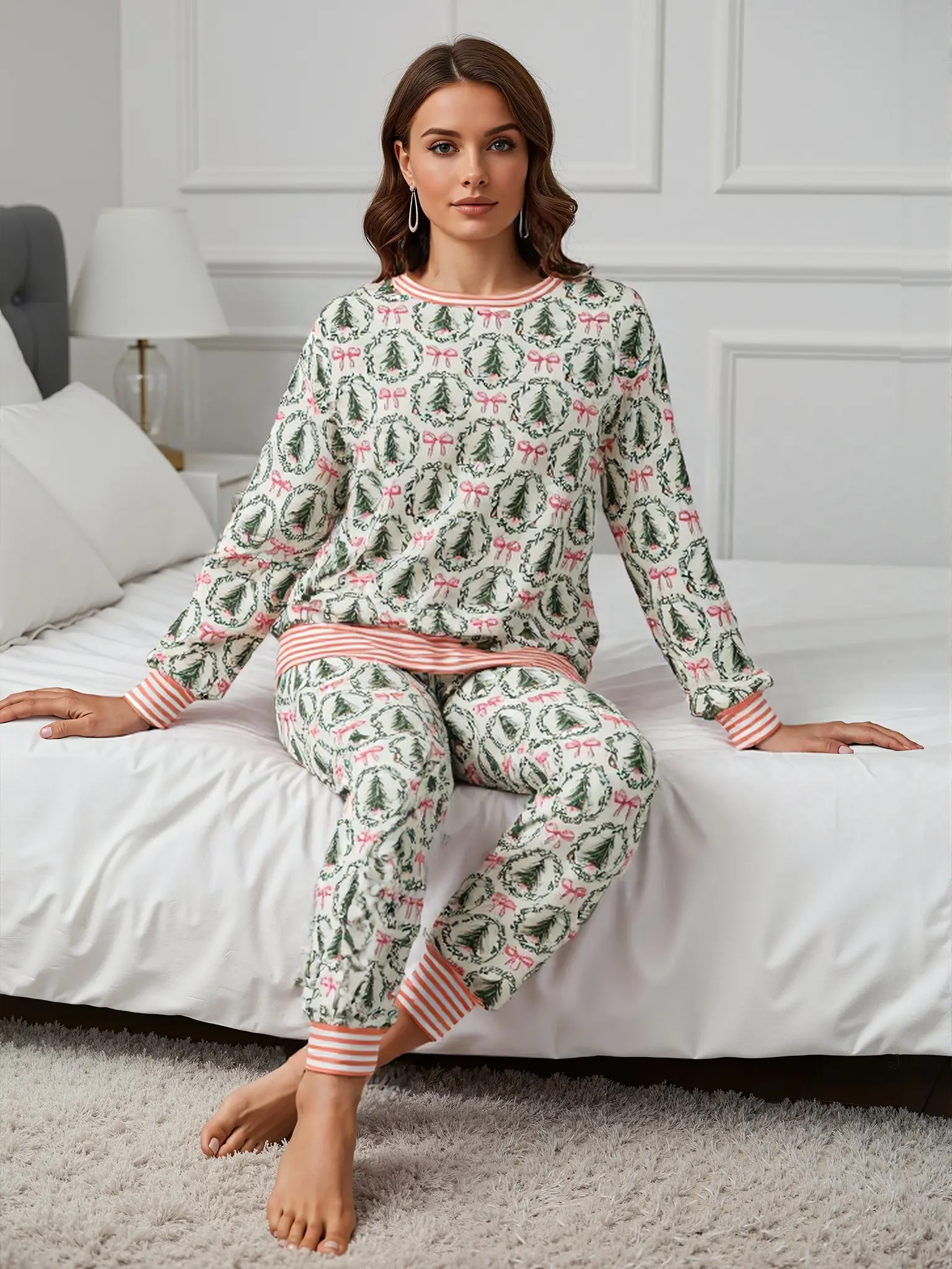 Women's 2-Piece Cute Christmas Tree & Bow Print Pajama Set - Stretchy Comfortable Soft Breathable Knit Fabric Nightwear with Graphic Top, Elastic Waist Jogger Pants, Lightweight Matching Loungewear