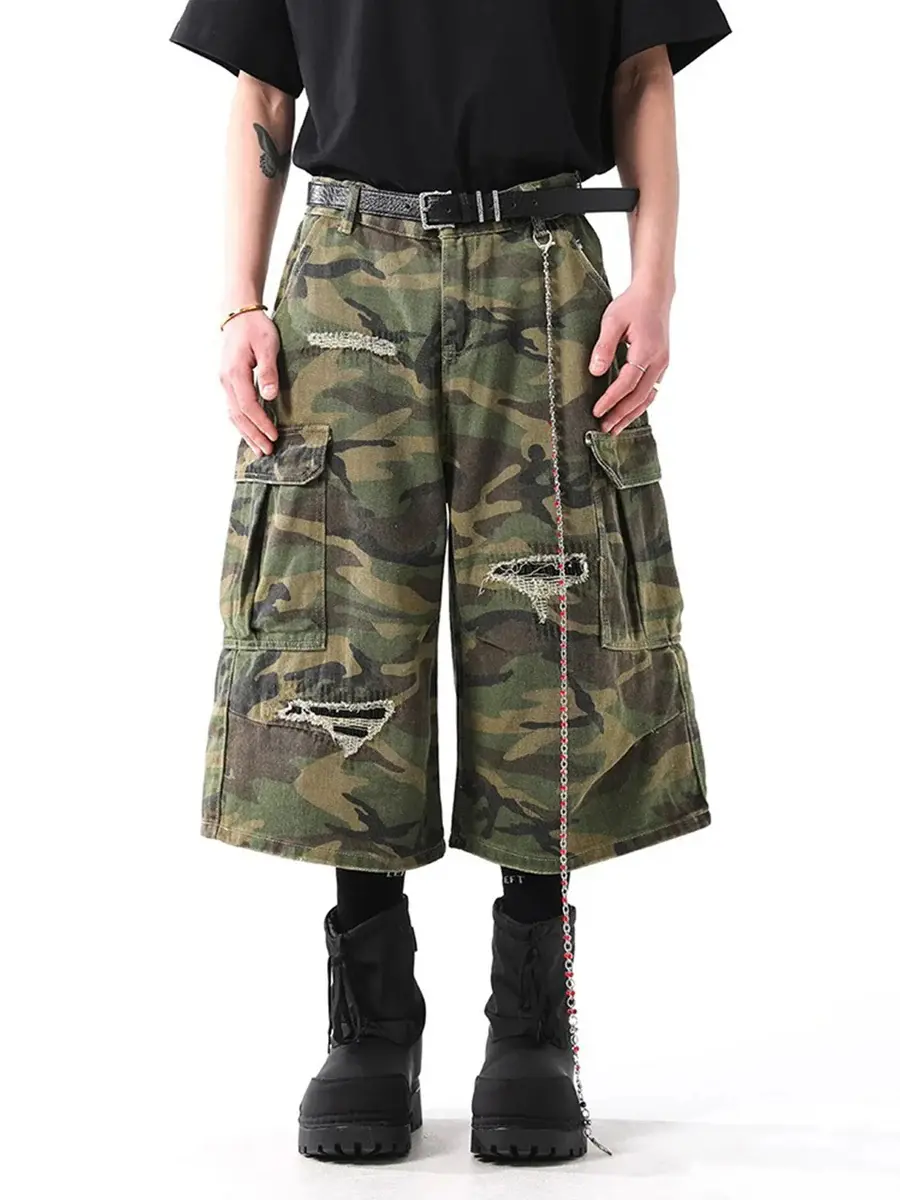 Thesupermade  Men's Ripped Camouflage Denim Jorts, Oversized Distressed Cropped Shorts with Functional Pockets, Fabric, Casual, Print, Workwear, Heavy Rip, Above The Knee