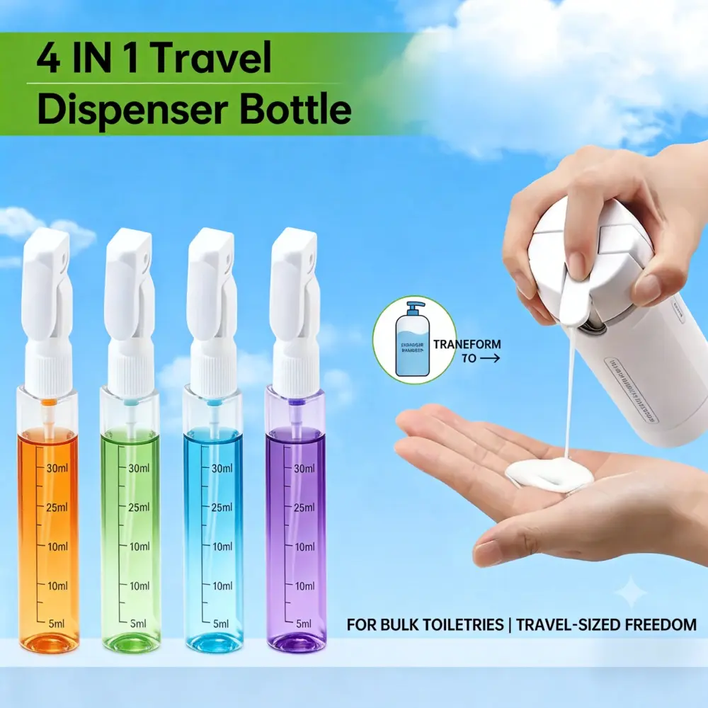 Oval 4-in-1 Rotatable Industrial Refill Bottle - Leakproof Waterproof Easy-Press Pump for Travel Toiletries, Shampoo, Lotion, Cosmetics - Compact Plastic Carry-On Bathroom Essential Toiletry Organiser