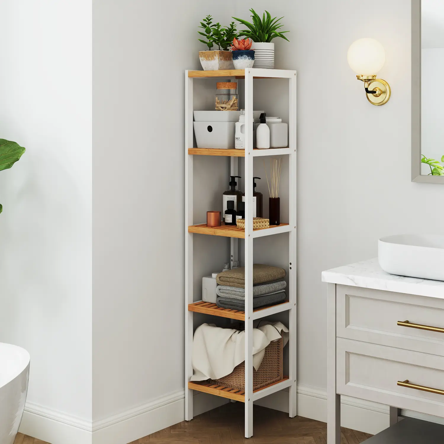 Bamboo Bathroom Shelf, 5-Tier Narrow Shelving Unit, Multifunctional Storage Rack, for Kitchen, Living Room, Bedroom, Bathroom, White and Natural