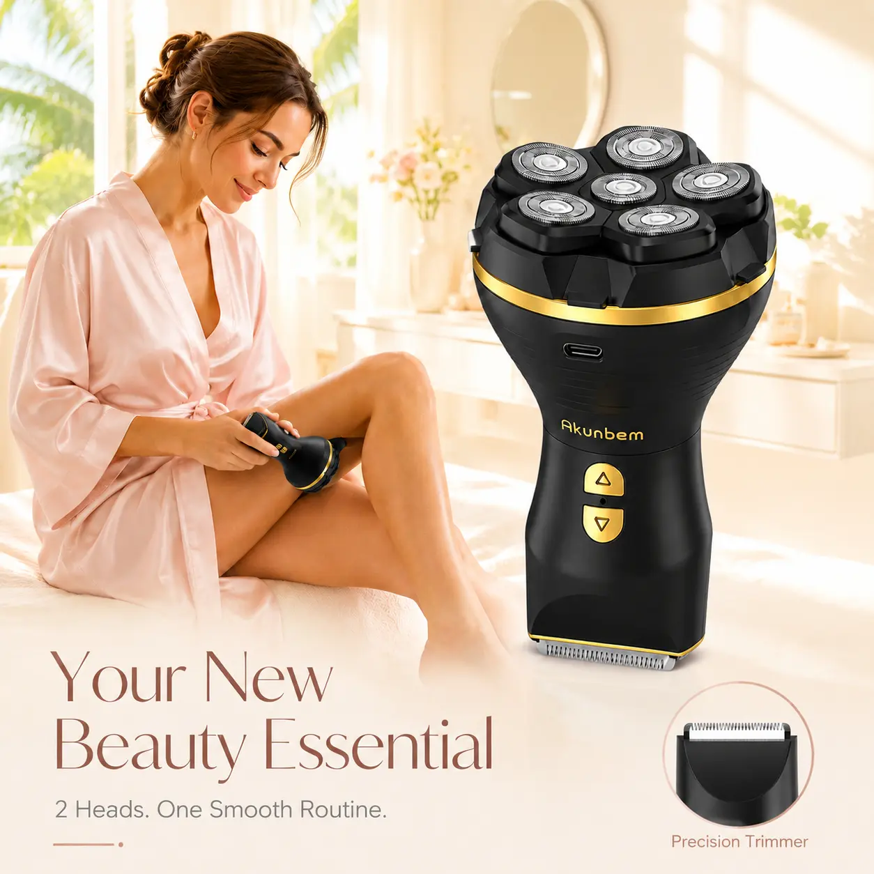 Akunbem 6D Dual Head Electric Head Shaver, 2-in-1 Rechargeable Electric Razor, Suitable for Bald Heads, Bikini Area, Face, Underarms & Legs, IPX7 Waterproof, Skin-Friendly, Smooth Shaving with Less Pulling, for Women & Men, Perfect Gift for Summer tiktoks