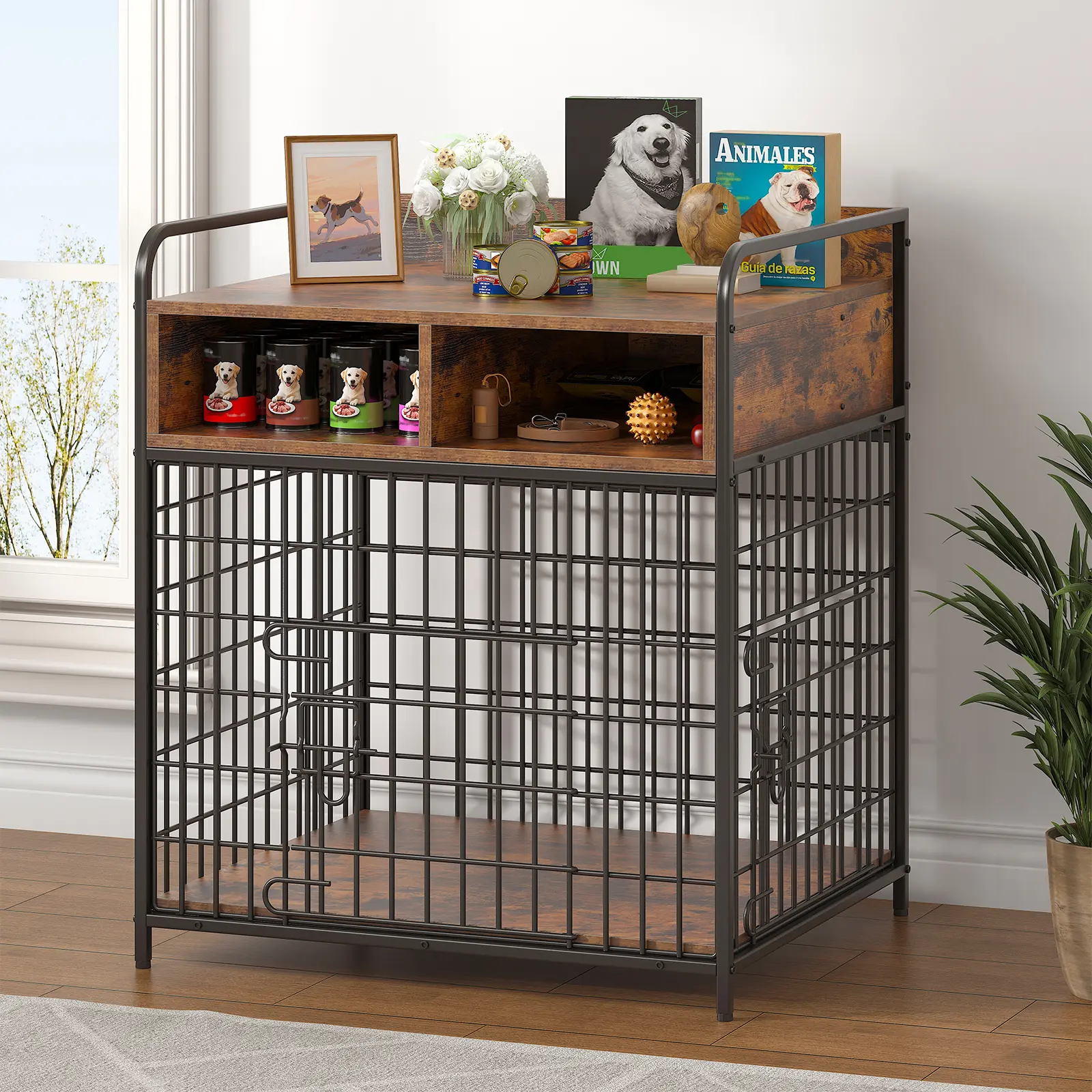 Kepptory Small Dog Crate Furniture with Drawers Storage, Puppy Dog Kennel Indoor with Double Doors, Heavy Duty Wooden Dog Cage Table, Sturdy Metal, Rustic Brown