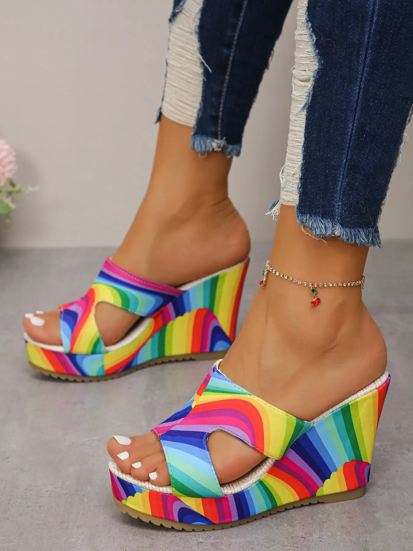 Women's Colorful Rainbow Stripe Wedge Sandals, Outdoor Wear Toe-Exposed Thick Sole High Heel Slippers, Casual Vacation Shopping Daily Commute, Open Toe Platform