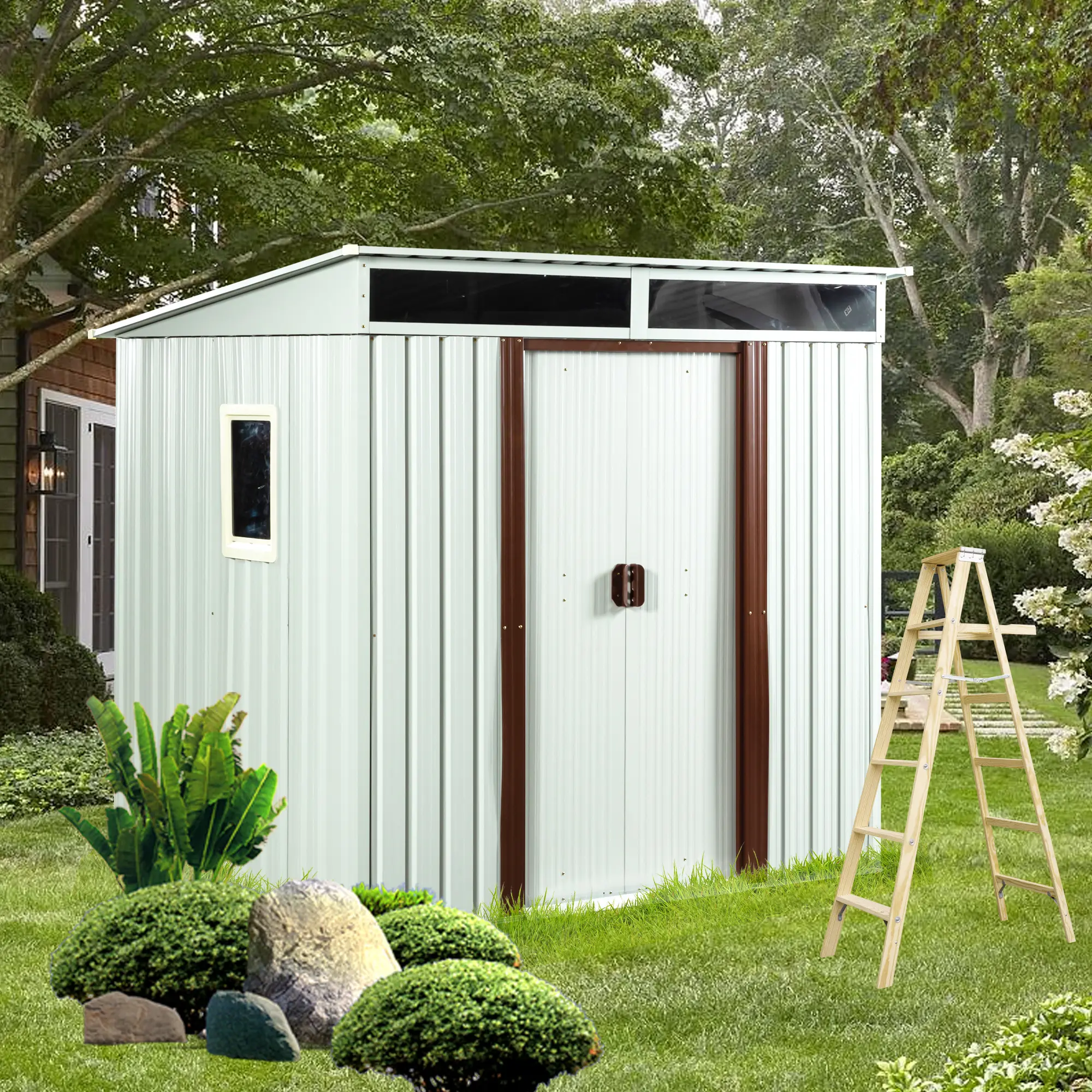 6ft x 5ft Outdoor Metal Storage Shed with Transparent Plate and Foundation, Heavy Duty Garden Patio Storage Cabinet with Lockable Door, Weather-Resistant Tool Shed for Backyard, Garden, Patio