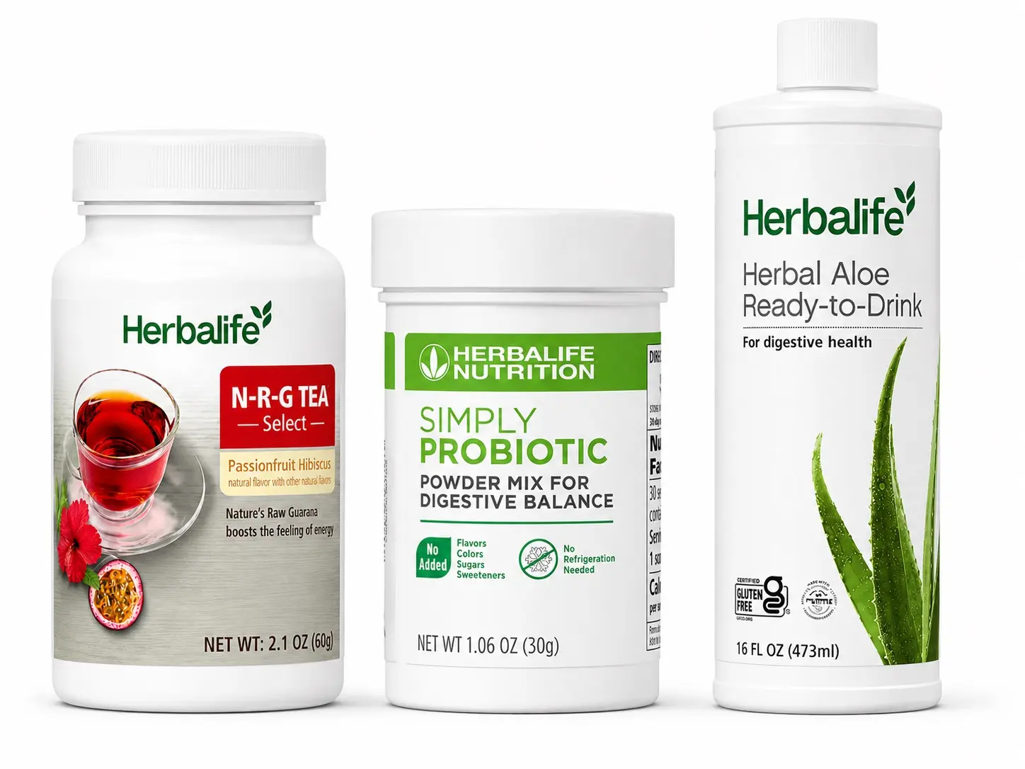 Herbalife Daily Wellness Bundle, N-R-G Tea Select 2.1 oz + Simply Probiotic 1.06 oz + Herbal Aloe Ready-To-Drink 16 fl oz, Healthy, Dietary, Guarana, Bloating Relief, Gut Support, Digestive Health, Aloe Vera, Hydration, Adults, Bottle