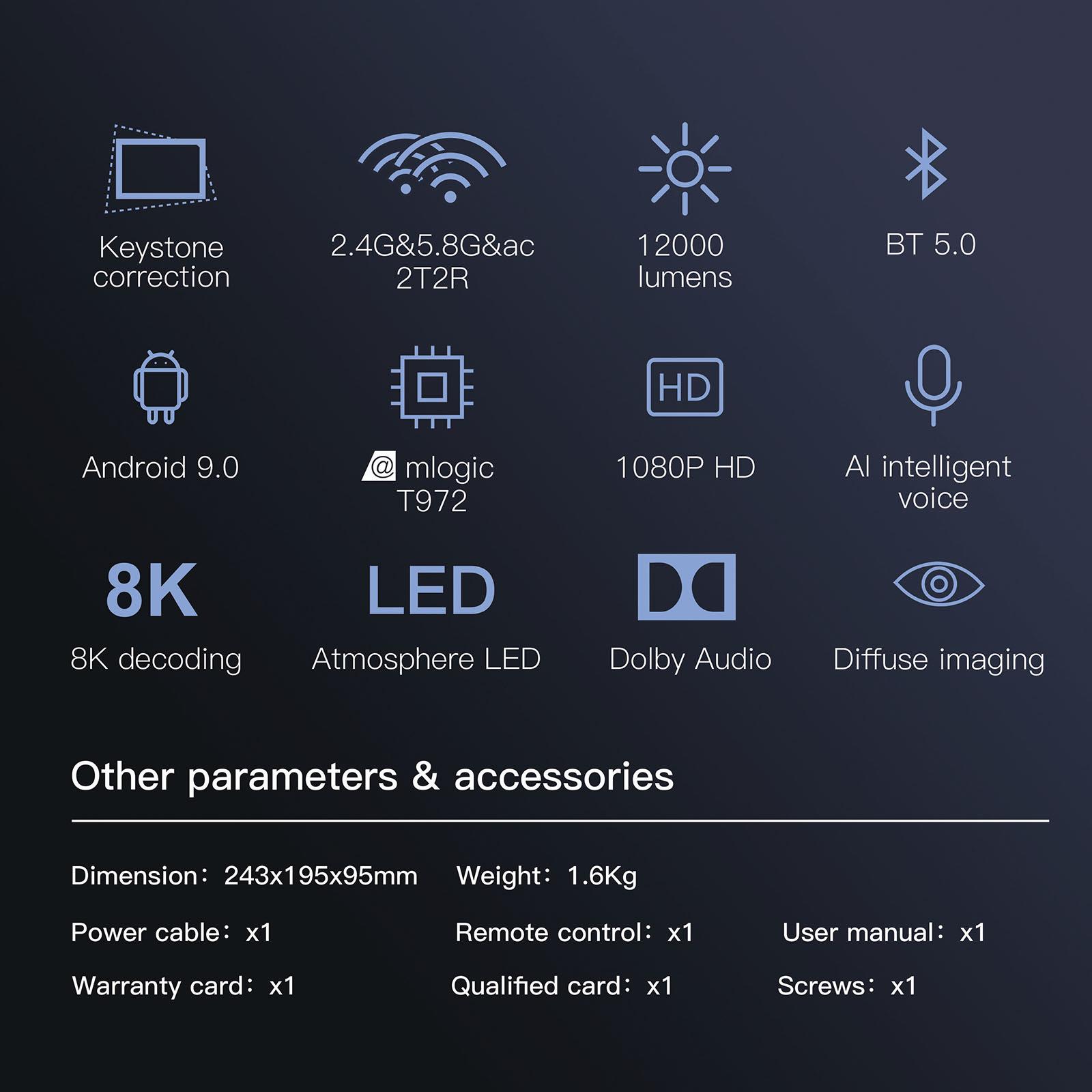 Smart Wireless Multi-Mode Remote Projector with Ultra HD 8K Screen, Dolby Digital, WiFi, Bluetooth, HDMI, USB, 1080P Full Color Media Player, Android 9.0 for Smartphones, Laptops