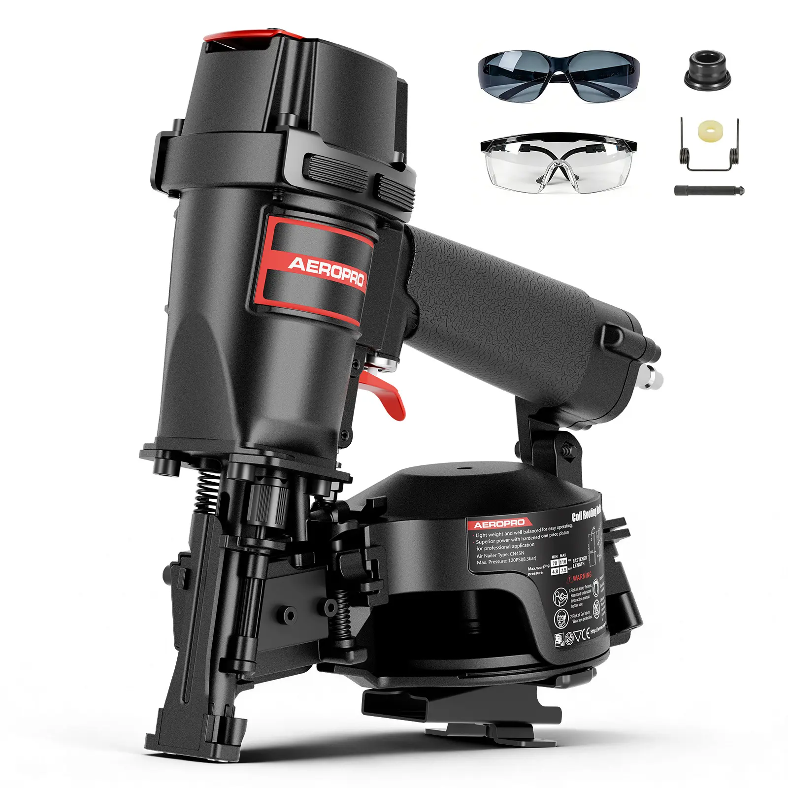 AeroPro CN45N 15-Degree Heavy-Duty Pneumatic Roofing Nailgun, Professional Power Tool for Asphalt Roofing Shingles, Roofing Equipment