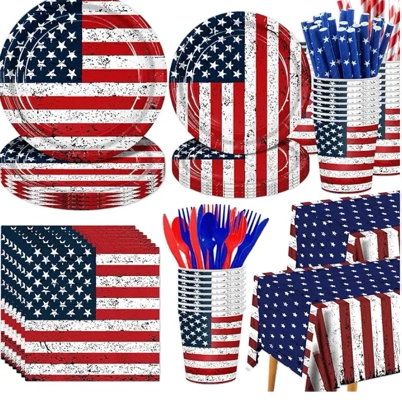 Peiking  194Pcs Vintage Patriotic Party Supplies Set- American Flag Dinnerware - 9"+7" Plates, Cutlery, Napkins, Cups & 2 USA Flag Tablecloths-Patriotic Decoration for 4th of July, Birthday, Memorial Day BBQs