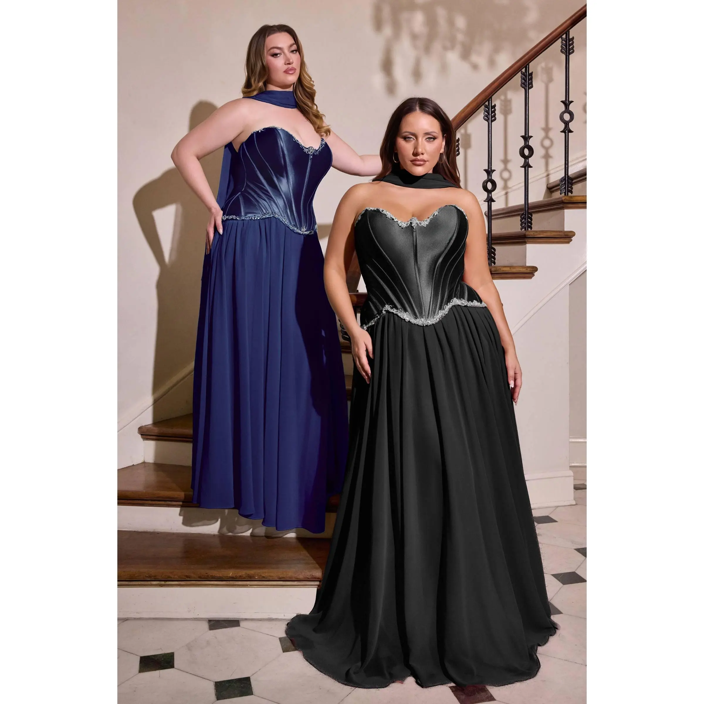 Women's Ladivine Plus Size Strapless Sweetheart Formal Full-Length Ball Gown - Satin Corset, Crystals, Lace-Up Adjustable Back, Soft A-Line Chiffon Skirt, Light Fabric, Split Thigh for Prom, Party