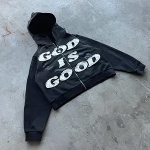 Women's & Men's Christian Faith Statement Hooded Jacket - Full-Zip Patchwork "GOD IS GOOD" Lettering Embroidery Hoodie, Urban Sreetwear Religious Apparel , Church Outfits, Couples Matching Outfits, Everyday Gospel Wear, Womenswear Tops