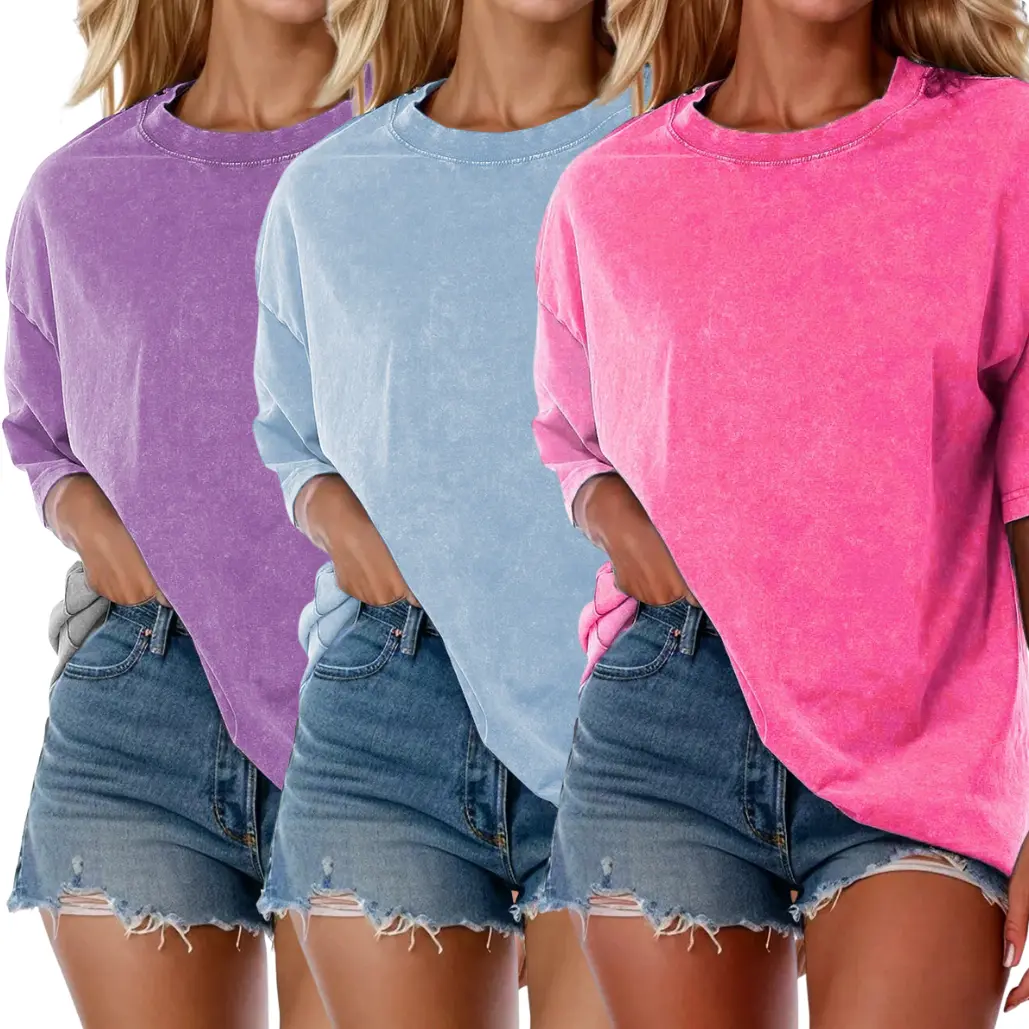 HarleyLand 3Pcs Acid Wash  Cotton Lady T-shirts Oversized Half Short Sleeves Casual Loose Solid Streetwear Tops,Lady T-shirt Baggy Retro Street T-Shirts,Loose Fit Basic Fabric